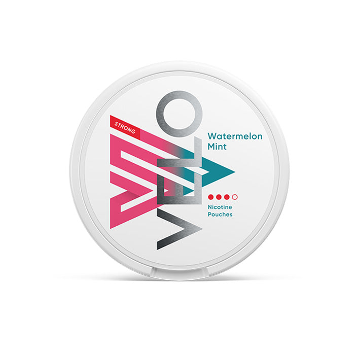 Velo Nicotine Pouch watermelon mint  in sliver writing on a white tub 3 dot strength