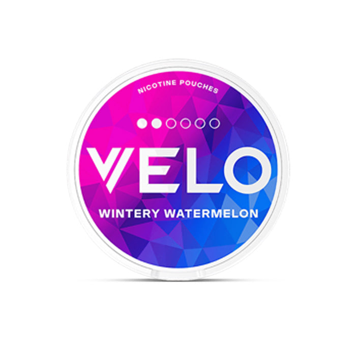 Velo Nicotine Pouch wintery watermelon  in white writing on a blue and purple tub 2 dot strength