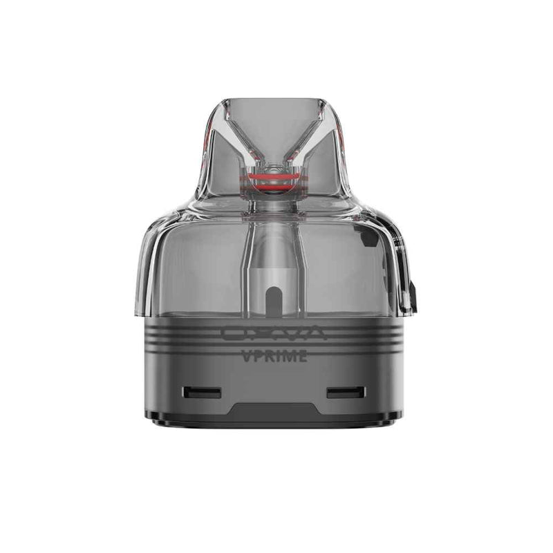 A dual mesh 0.6 ohm Oxva branded clear pod with black rubber Vprime 2 replacement pod