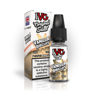 A 10ml bottle of IVG Original Salts Vanilla Biscuit 10mg  e-liquid next to its retail packaging box, both featuring a white and gold design with a prominent nicotine warning label.