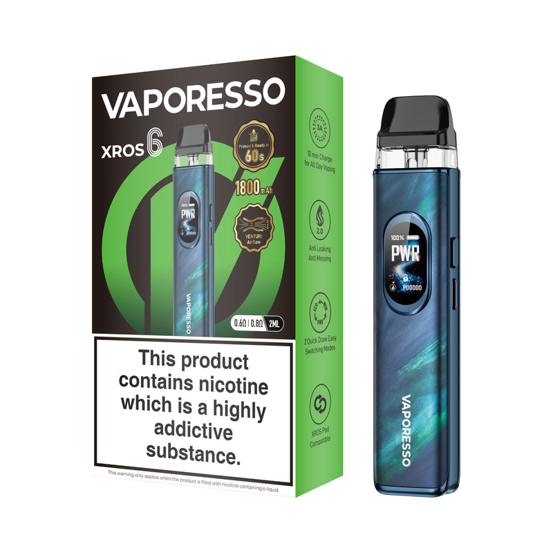 Vaporesso XROS 6 vaping device abyssal blue and packaging on a white background