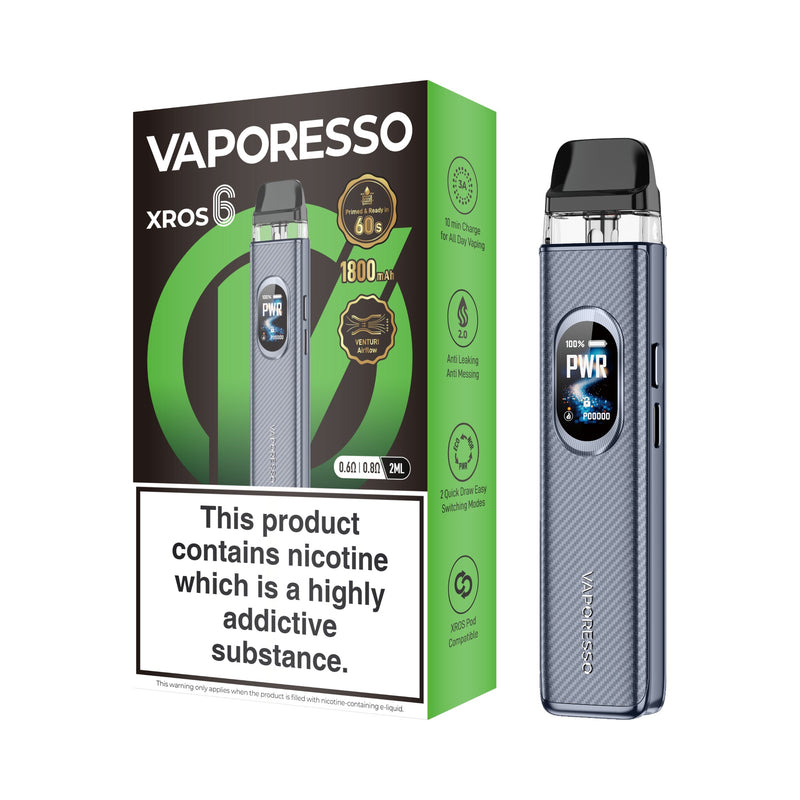 Vaporesso XROS 6 vaping device fiber grey and packaging on a white background