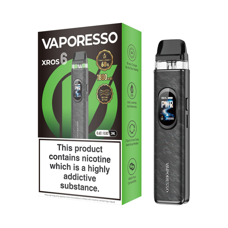 Vaporesso XROS 6 vaping device black and packaging on a white background