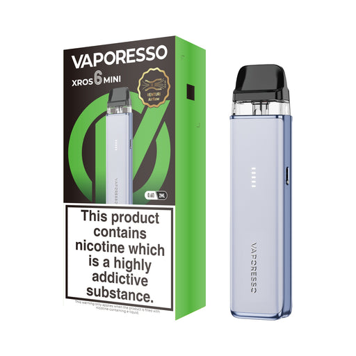 Vaporesso XROS 6 Mini vaping device blue and packaging on a white background