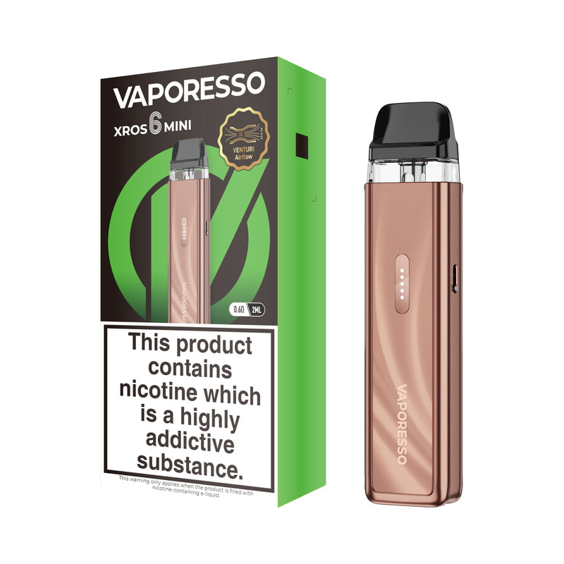 Vaporesso XROS 6 Mini vaping device brown and packaging on a white background