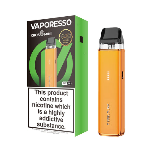Vaporesso XROS 6 Mini vaping device in orange and packaging on a white background