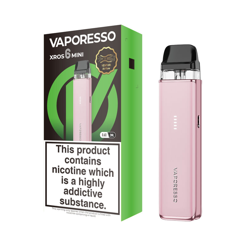 Vaporesso XROS 6 Mini vape device pink and packaging on a white background
