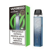 Vaporesso XROS 6 Mini vaping device plume blue and packaging on a white background