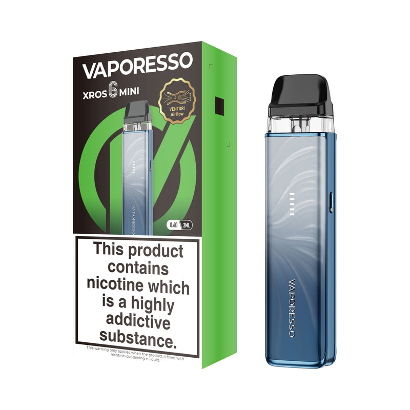 Vaporesso XROS 6 Mini vaping device plume blue and packaging on a white background