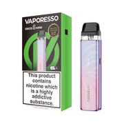 Vaporesso XROS 6 Mini vaping device plume pink and packaging on a white background