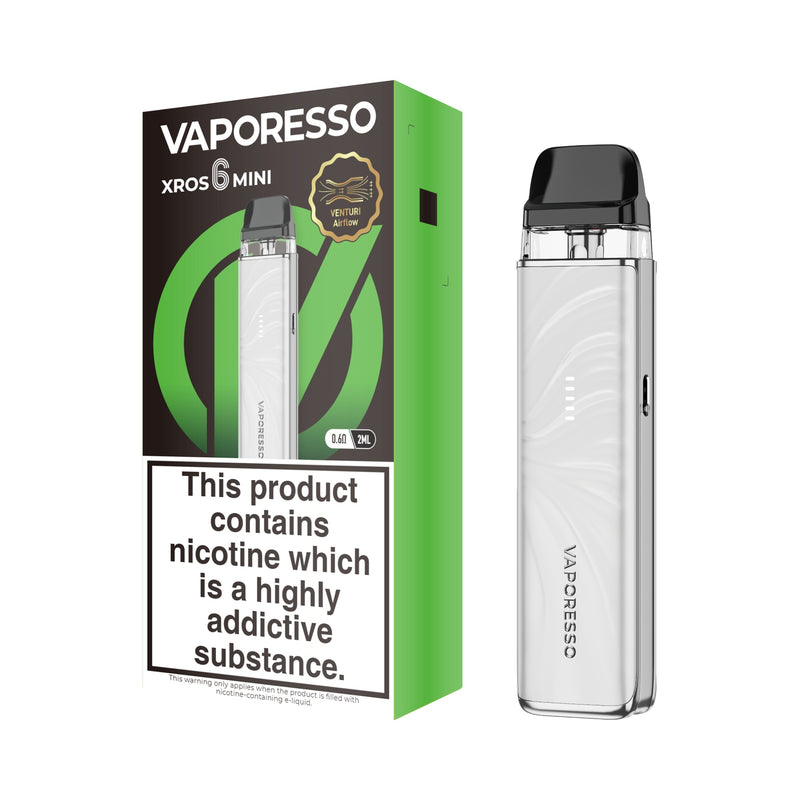 Vaporesso XROS 6 Mini vaping device white and packaging on a white background