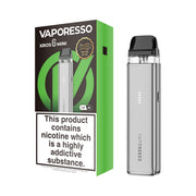 Vaporesso XROS 6 Mini vaping device silver and packaging on a white background