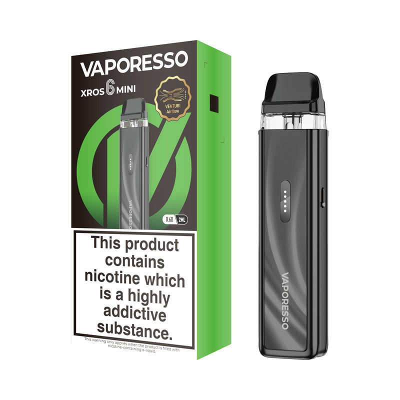 Vaporesso XROS 6 Mini vaping device titanium black and packaging on a white background