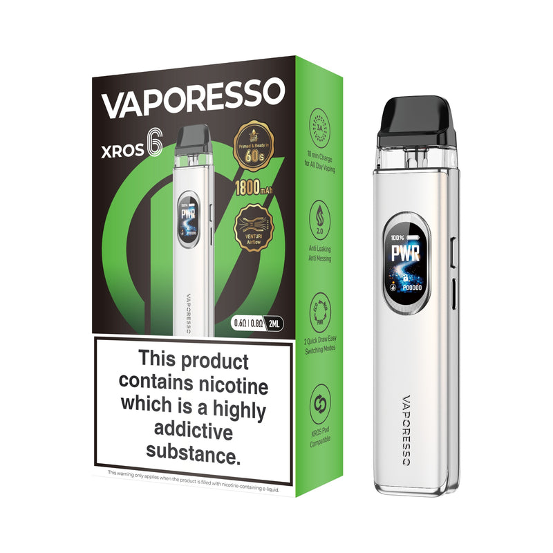 Vaporesso XROS 6 vaping device white and packaging on a white background