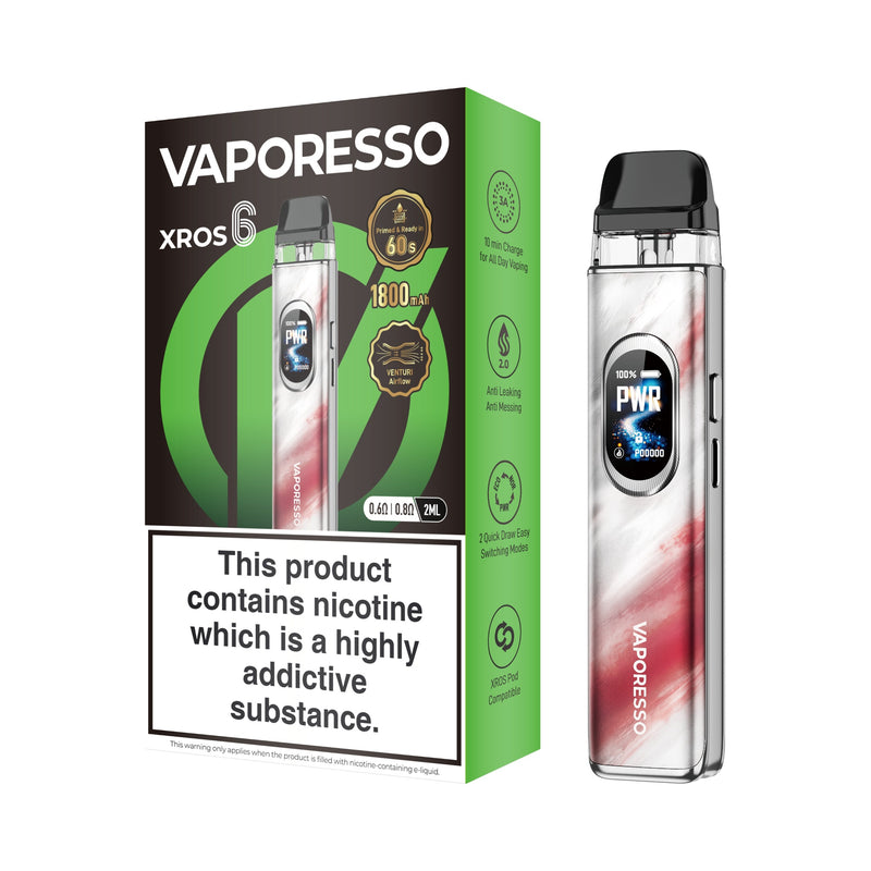 Vaporesso XROS 6 vaping device scorching cloud and packaging on a white background