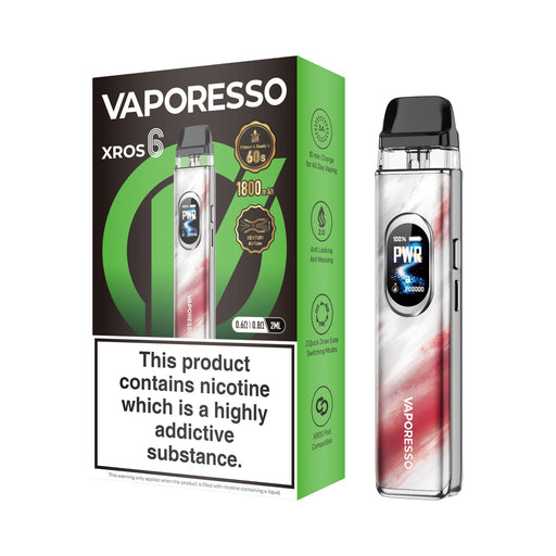 Vaporesso XROS 6 vaping device scorching cloud and packaging on a white background