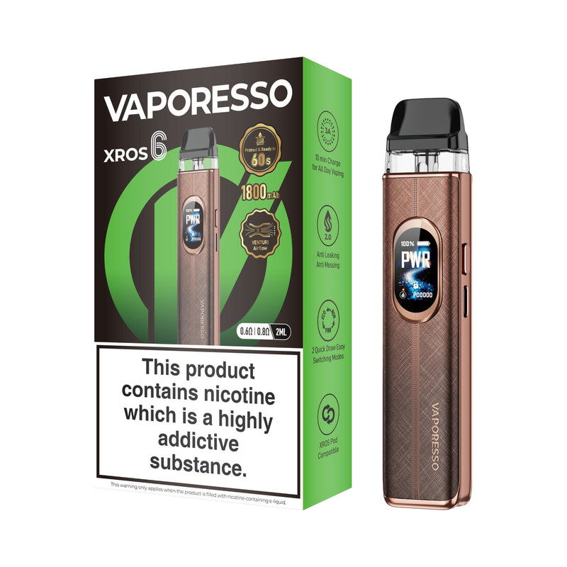 Vaporesso XROS 6 vaping device brown and packaging on a white background