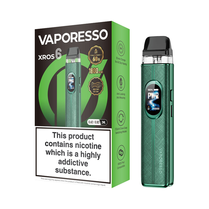 Vaporesso XROS 6 vaping device green and packaging on a white background