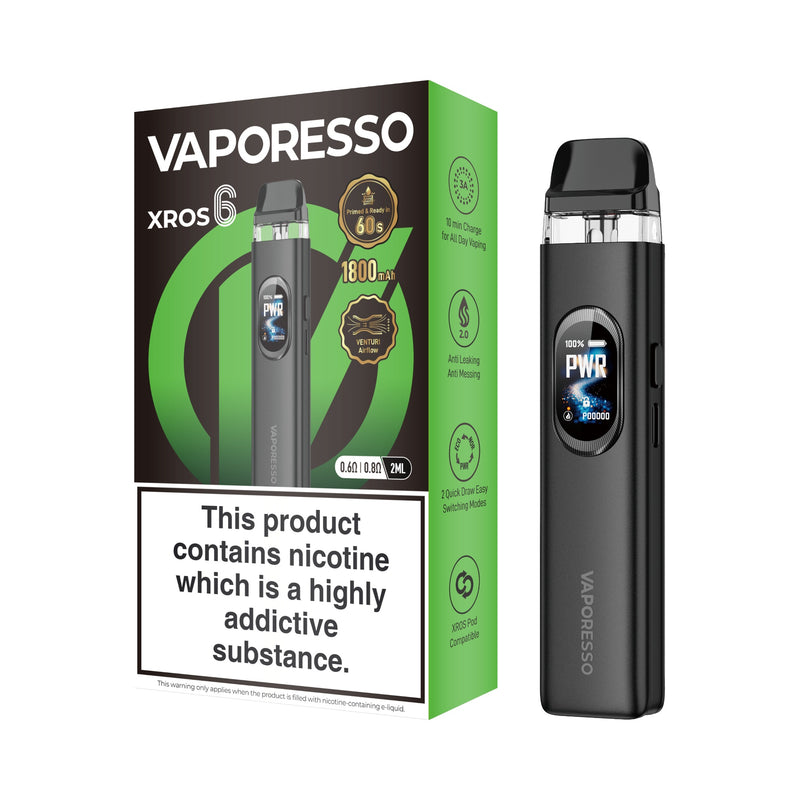 Vaporesso XROS 6 vaping device slate black and packaging on a white background