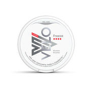 Velo Nicotine Pouch Freeze  in sliver writing on a white tub 4 dot strength