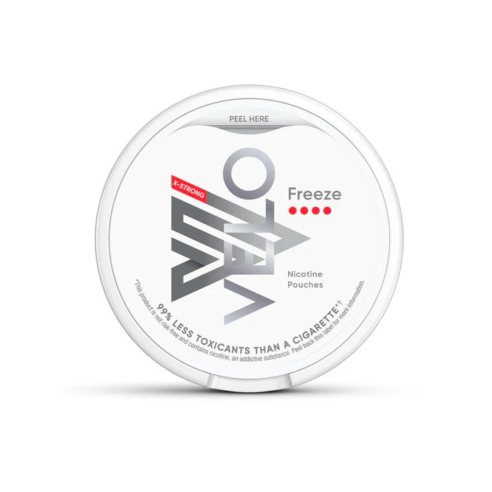 Velo Nicotine Pouch Freeze  in sliver writing on a white tub 4 dot strength