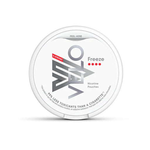 Velo Nicotine Pouch Freeze  in sliver writing on a white tub 4 dot strength