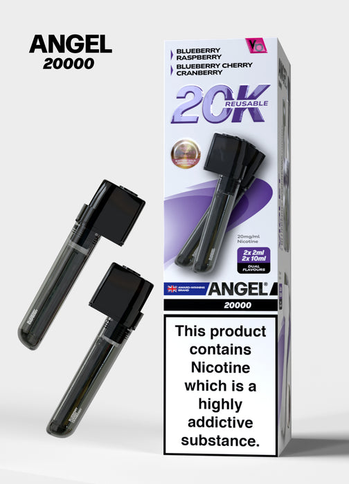 ANGEL 20000 vape device packaging with two black vapes and a white box on a light gray background. Violet Edition