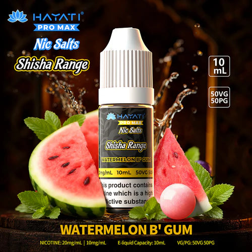 Hayati Pro Max Nic Salts Shisha Range watermelon flavor e-liquid bottle with watermelon slices and mint leaves on a dark background.
