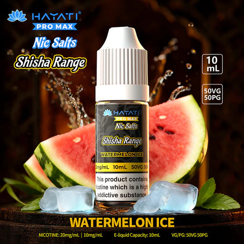 Hayati Pro Max Nic Salts Shisha Range Watermelon Ice e-liquid bottle with watermelon slices and ice cubes on a dark background.