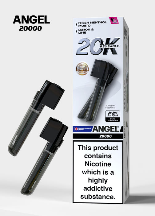 White Edition Packaging of Angel 20000 vape devices with nicotine warning label on a white background