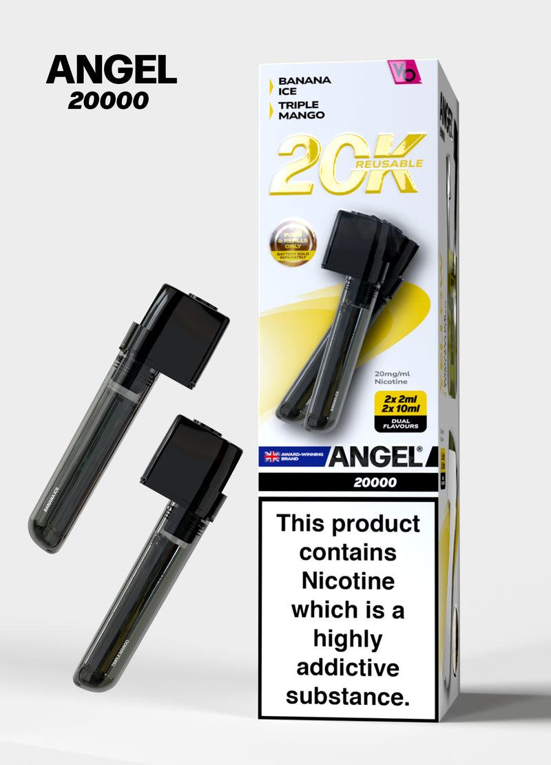 Yellow Edition Packaging of Angel 20000 vape device with nicotine warning label on a white background