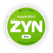 Zyn Nicotine Pouch apple mint in white writing on a green tub mini 1 dot strength