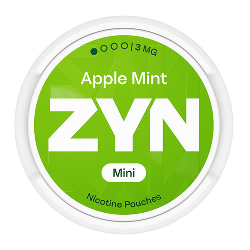 Zyn Nicotine Pouch apple mint in white writing on a green tub mini 1 dot strength