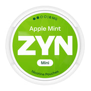 Zyn Nicotine Pouch apple mint in white writing on a green tub mini 2 dot strength