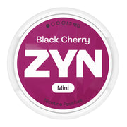 Zyn Nicotine Pouch Black cherry in white writing on a purple tub mini 1 dot strength