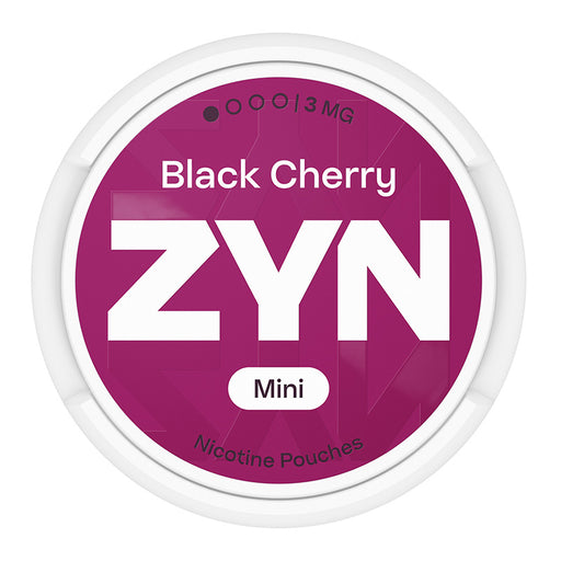Zyn Nicotine Pouch Black cherry in white writing on a purple tub mini 1 dot strength