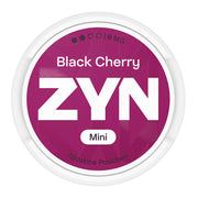 Zyn Nicotine Pouch Black cherry in white writing on a purple tub mini 2 dot strength