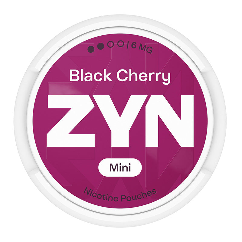 Zyn Nicotine Pouch Black cherry in white writing on a purple tub mini 2 dot strength