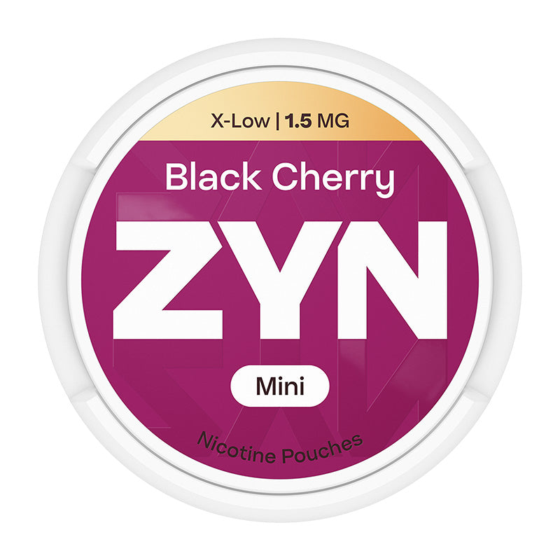 Zyn Nicotine Pouch Black cherry in white writing on a purple tub mini 1.5mg strength