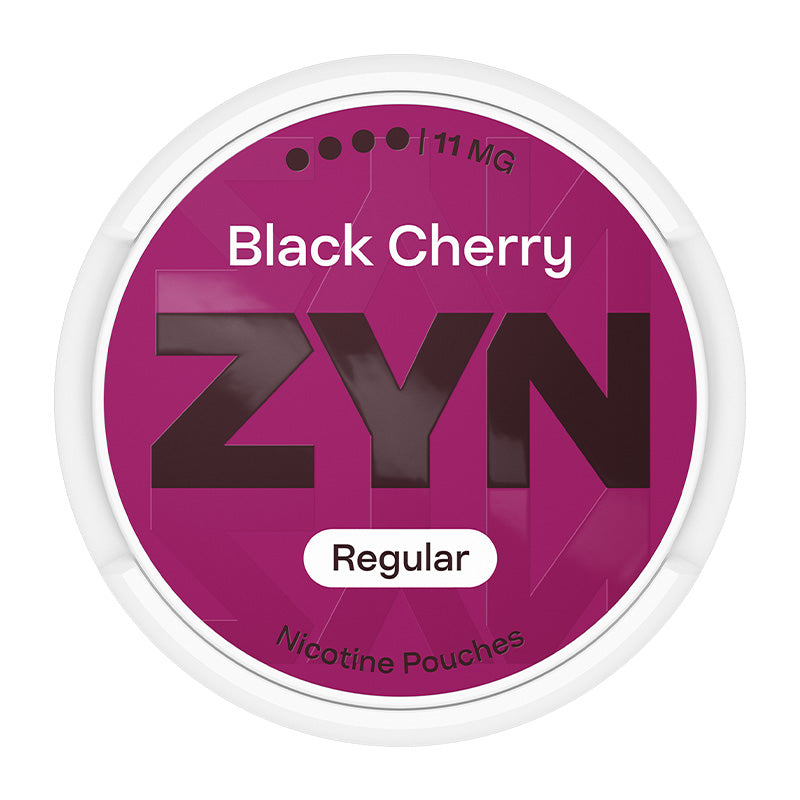 Zyn Nicotine Pouch Black cherry in white writing on a purple tub 4 dot strength