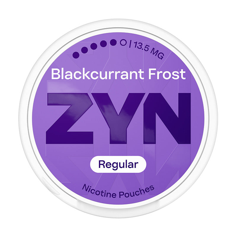 Zyn Nicotine Pouch blackcurrant frost in white writing on a purple tub 5 dot strength
