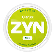 Zyn Nicotine Pouch citrus in white writing on a light green tub mini 1 dot strength