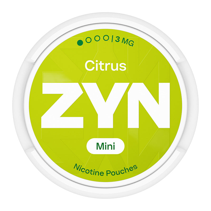 Zyn Nicotine Pouch citrus in white writing on a light green tub mini 1 dot strength