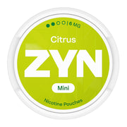 Zyn Nicotine Pouch citrus in white writing on a light green tub mini 2 dot strength