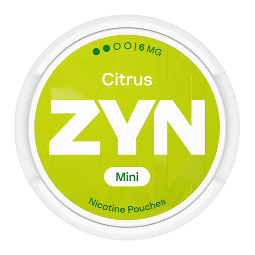 Zyn Nicotine Pouch citrus in white writing on a light green tub mini 2 dot strength