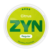 Zyn Nicotine Pouch citrus in white writing on a light green tub 4 dot strength
