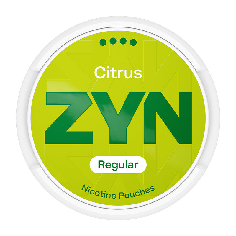 Zyn Nicotine Pouch citrus in white writing on a light green tub 4 dot strength