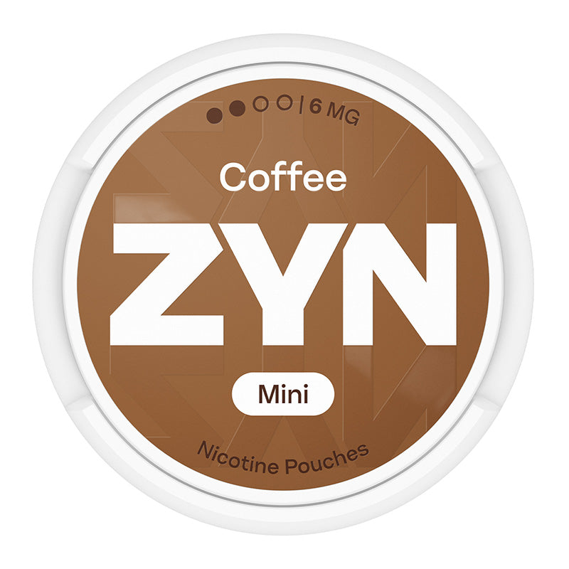 Zyn Nicotine Pouch coffee in white writing on a brown tub mini 1 dot strength