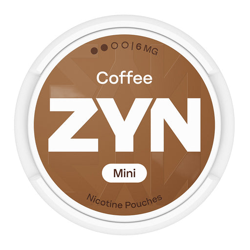 Zyn Nicotine Pouch coffee in white writing on a brown tub mini 1 dot strength