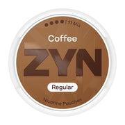 Zyn Nicotine Pouch coffee in white writing on a brown tub 4 dot strength